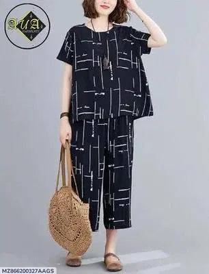 2 Pcs Women's Stitched Printed Night Suit