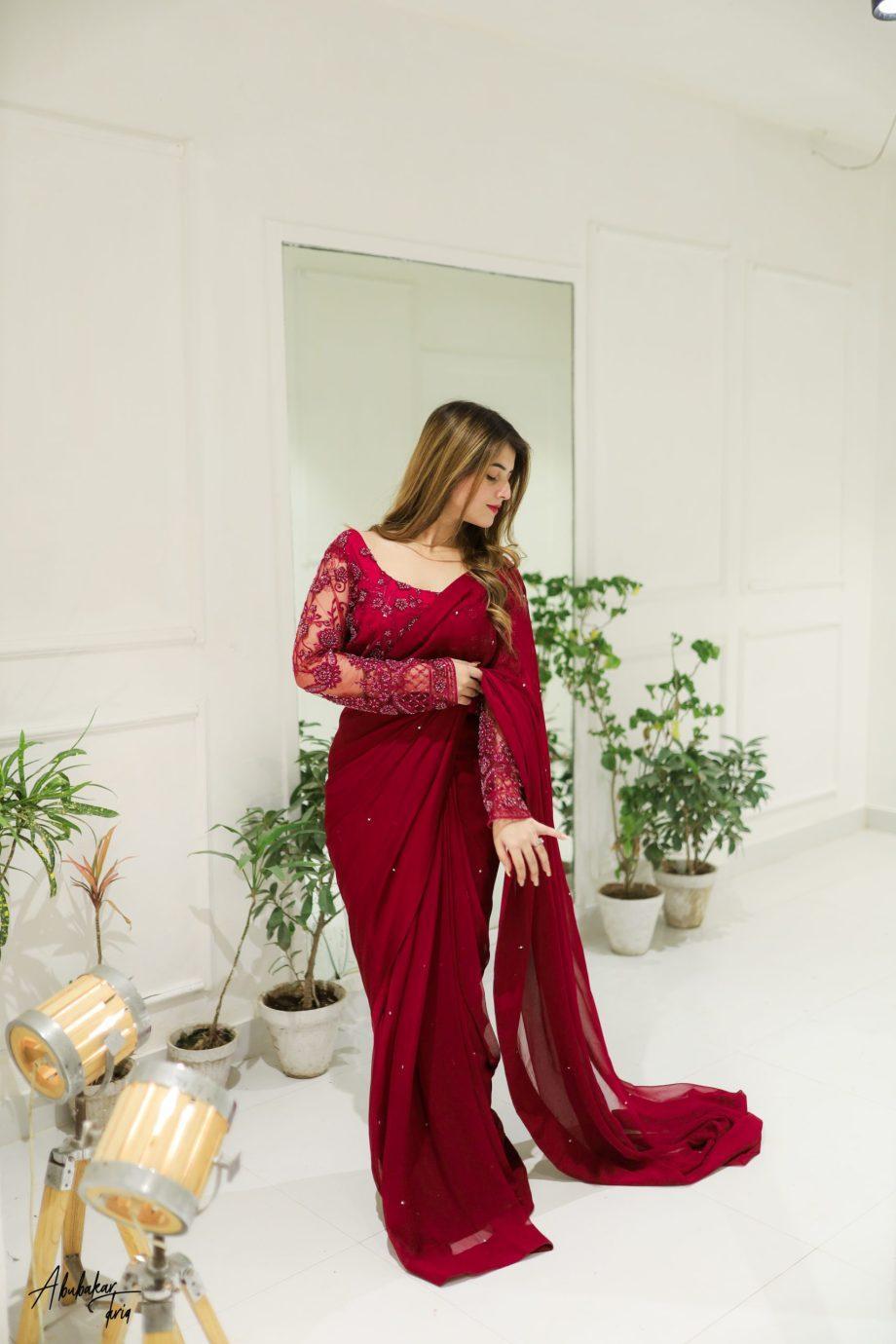 3 Pcs Women’s Chiffon Sequins Embroidered Stitched Saree
