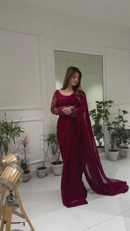 3 Pcs Women’s Chiffon Sequins Embroidered Stitched Saree