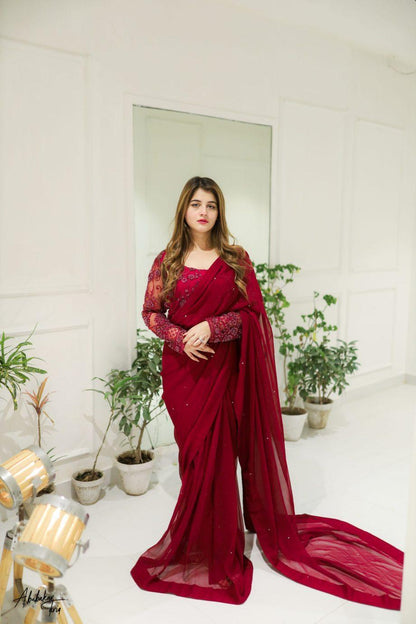 3 Pcs Women’s Chiffon Sequins Embroidered Stitched Saree