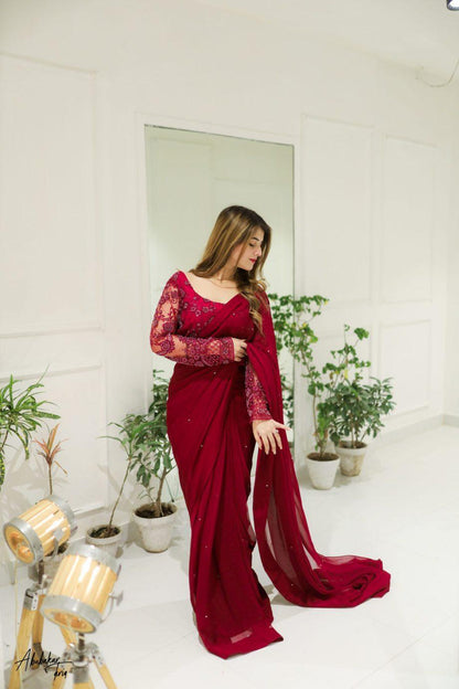 3 Pcs Women’s Chiffon Sequins Embroidered Stitched Saree